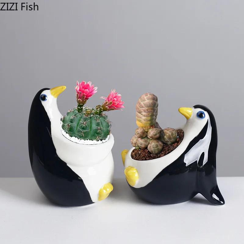 Painted Cartoon Penguin Ceramic Vase Small Plant Pots Table Decoration Flowers Arrangement Flower Vase Room Aesthetic Decor