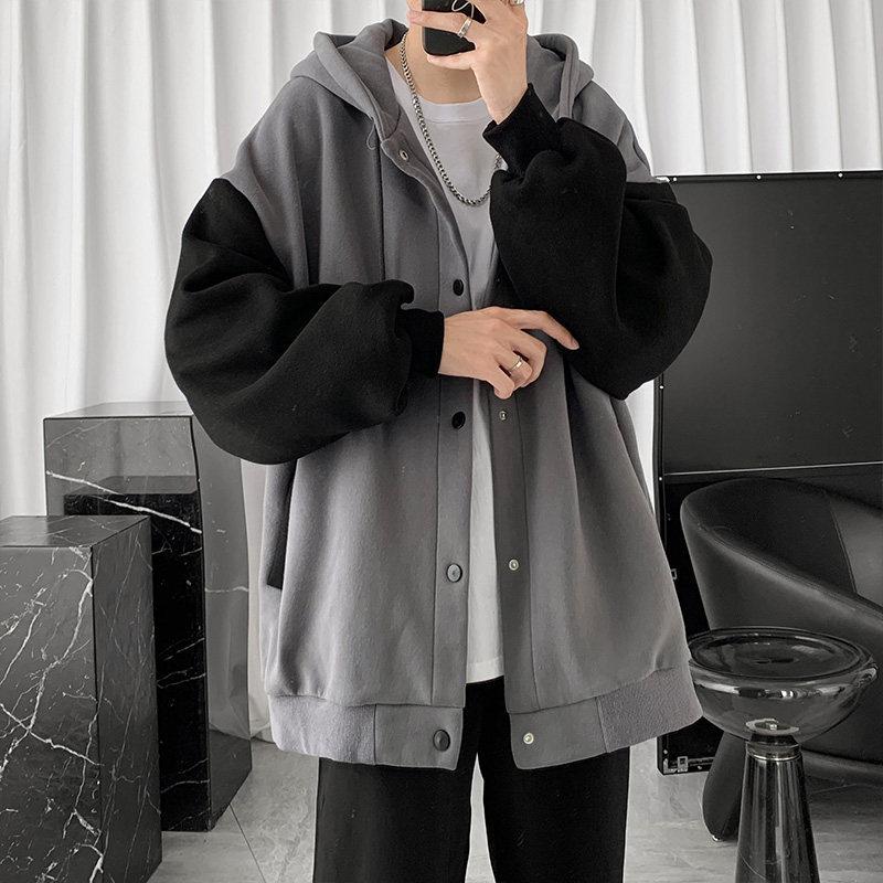 Hong Kong Wind Leisure Cardigan Coat Men Autumn Korean Version of The Trend Splicing Loose Hoodie Lovers