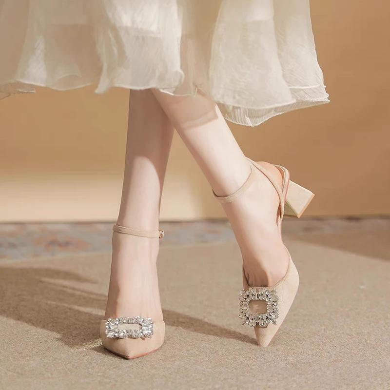 Ankle Strap Crystal Sandals for Women Pointed Toe High Heels  Shiny Rhinestones Square Heeled Pumps