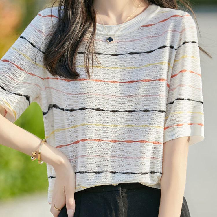 Ice Silk Short Sleeved T-shirt for Women Slimming Color Striped Plus Size Summer Thin Knit Top