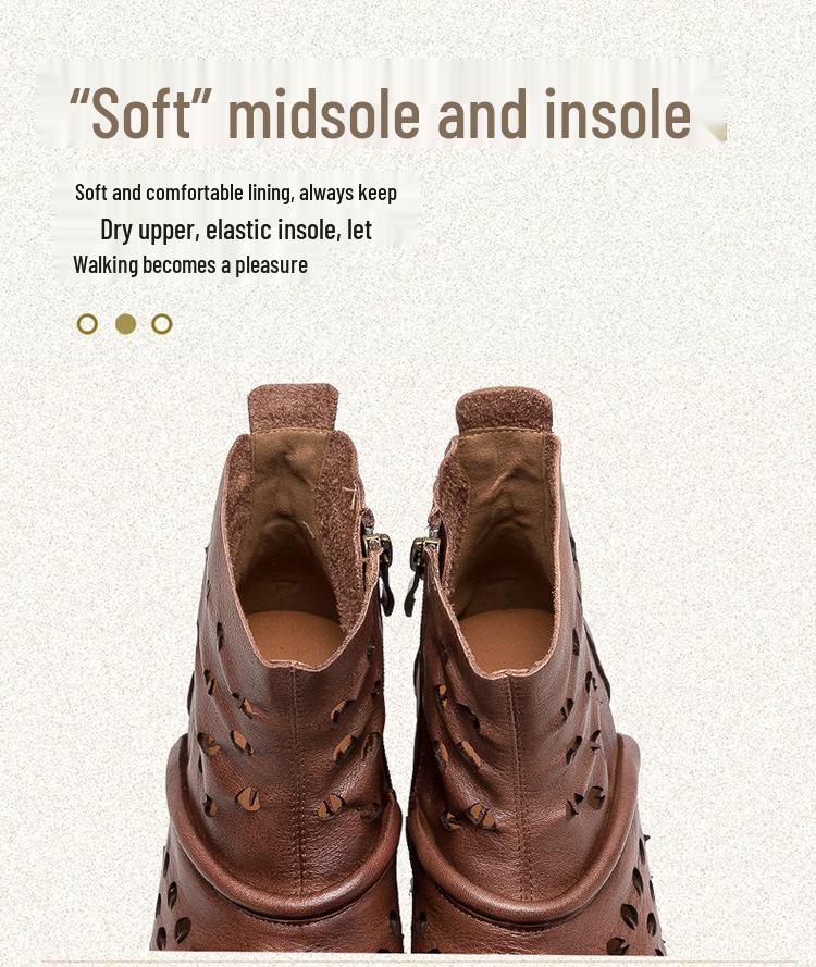 Shanghai Jiezhou 2024 Sandales Bottes Hautes Découpes Rétro en Cuir de Vachette - Chaussures Décontractées Confortables Polyvalentes pour Femmes