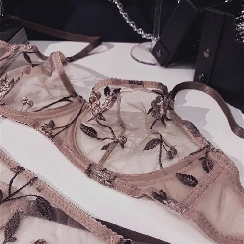 Conjunto de sujetador sexy de encaje francés con bordado: Diseño Adelgazante Transparente para Pechos Grandes o Pequeños, Reduce la Grasa Lateral, Efecto Recogido Ultradelgado