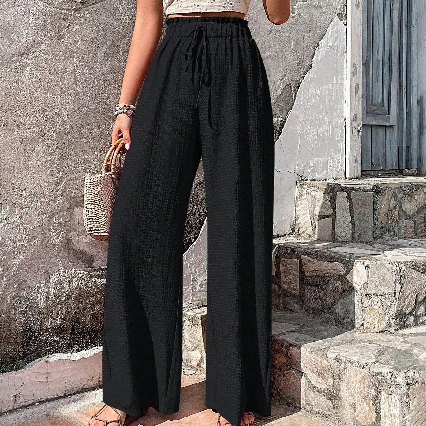 

Весенне-летние женские модные однотонные универсальные брюки, повседневные широкие брюки с пузырьками S чёрный