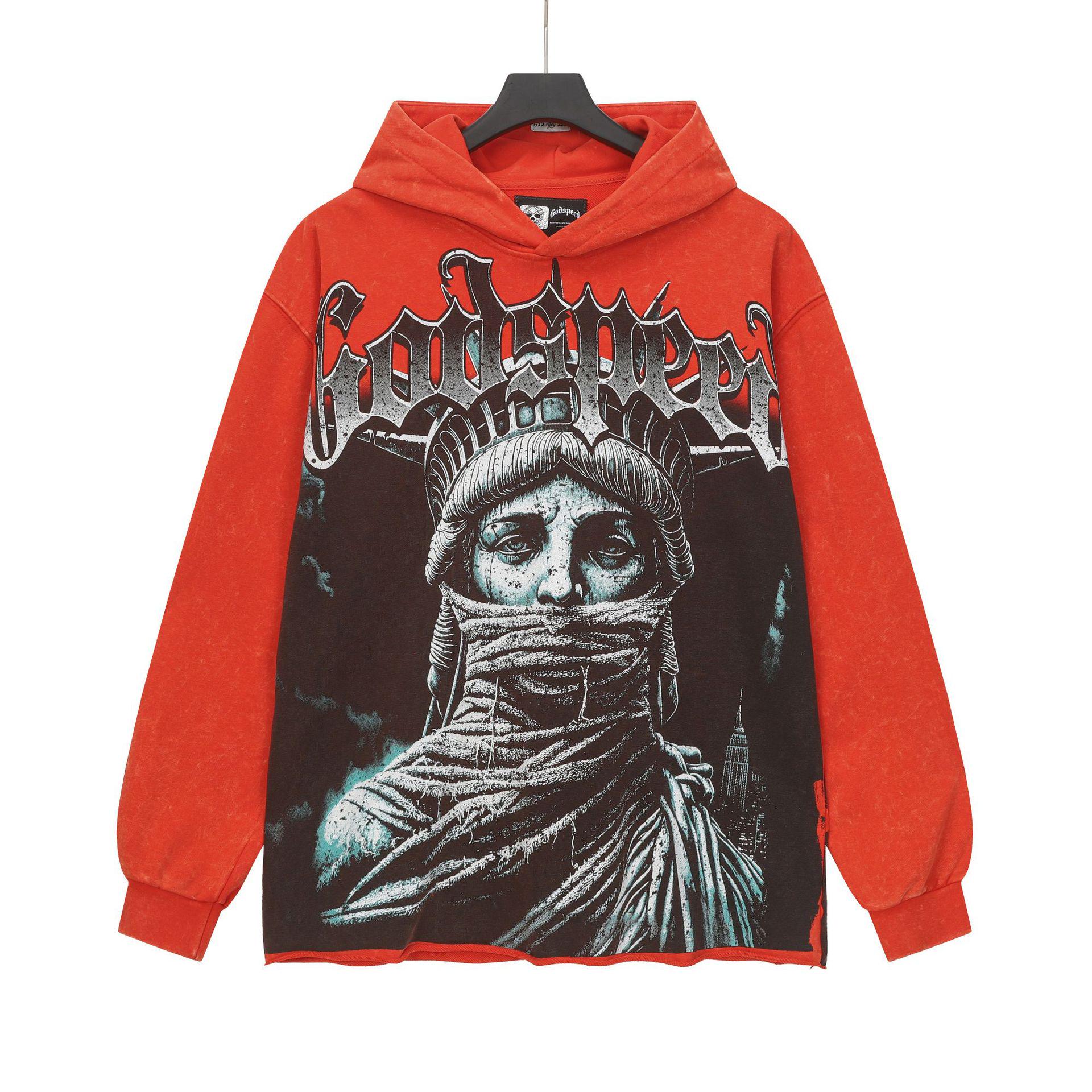 Cross Skull Retro Fleece-Lined Washed Hoodie - Thickened Casual Raw Edge Hip Hop Style Extra Large