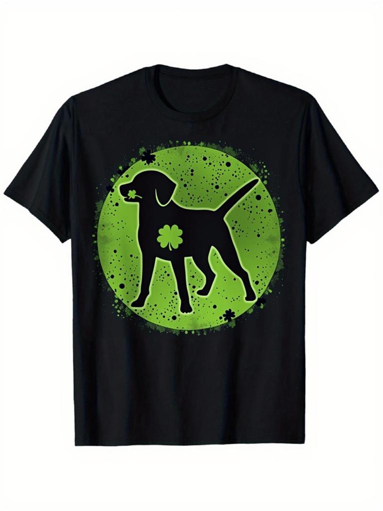 St Patrick Day Dog Shamrock Graphic Tee Men's Casual Black Short Sleeve Cotton T-Shirt