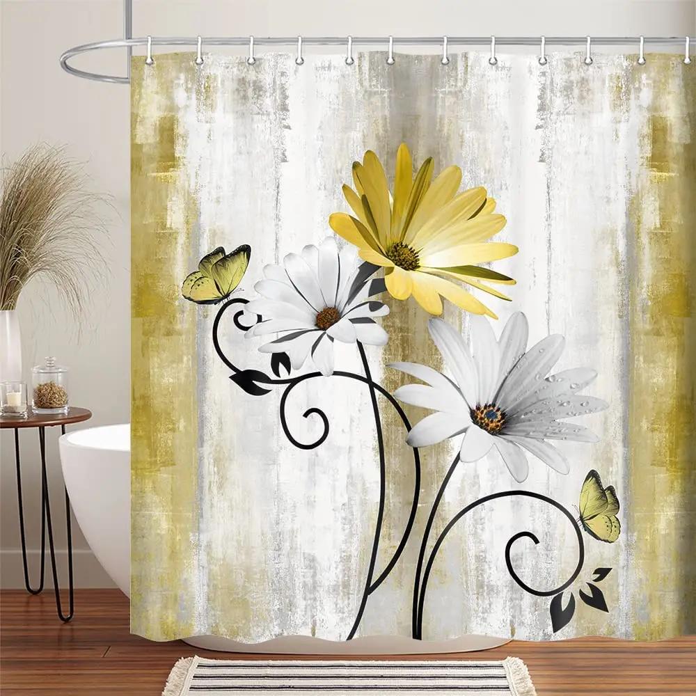 Teal Large Daisy Floral and Butterfly Shower Curtain Turquoise Bathroom Curtain Waterproof Bathroom Decoration With Hooks