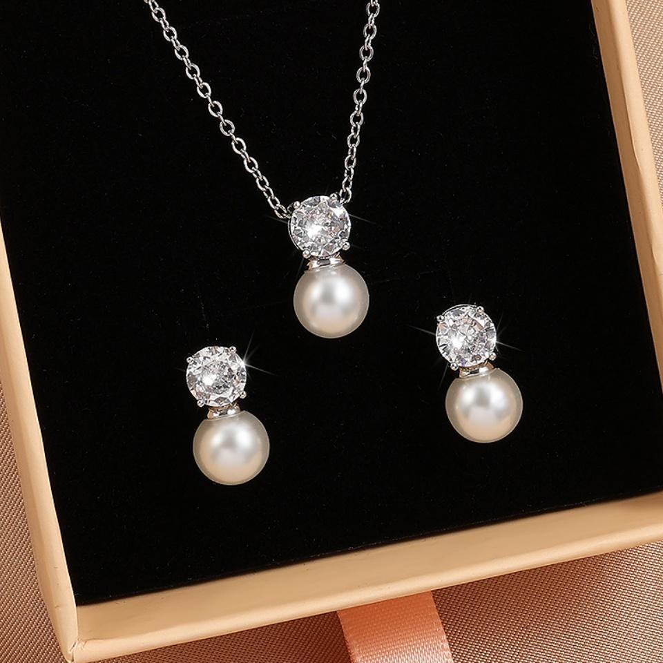 ZAKOL Elegant Round Cubic Zirconia Imitation Pearl Necklace Earrings For Women Bridal Wedding Party Jewelry Gift