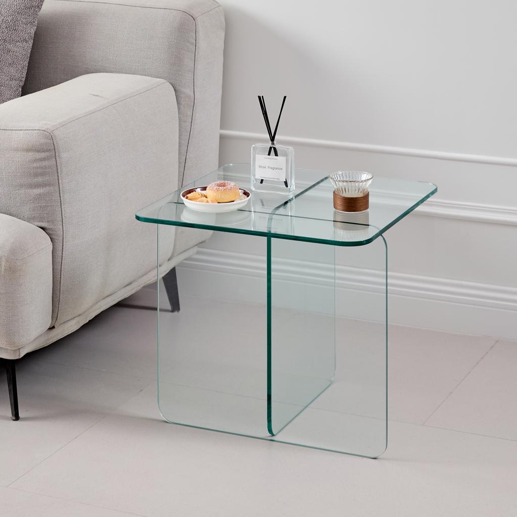 Tempered Clear Bent Glass SideTable, Transparent End Table, Sofa Table
