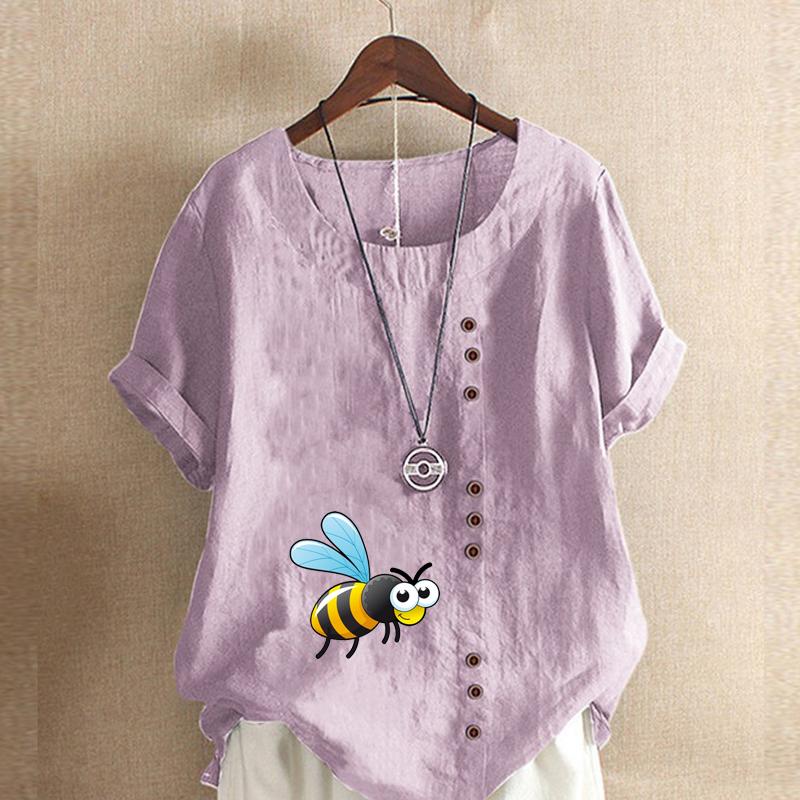 Damenmode Rundhals Kurzarm T-Shirt Lässiges Baumwoll-Leinen-Grafikhemd Freizeit Lose Honigbienen-Print Sommerbluse Tops