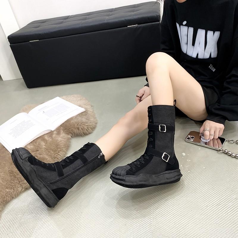 Fashion Outdoor Roman Style Women's Flat-bottomed Boots Winter Retro Style Suede Canvas Stitching Fashion Zipper Design Fashion Boots
