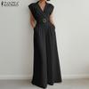 ZANZEA Womens Casual Turn Down Collar Loose Sleeveless Wide Leg Jumpsuits