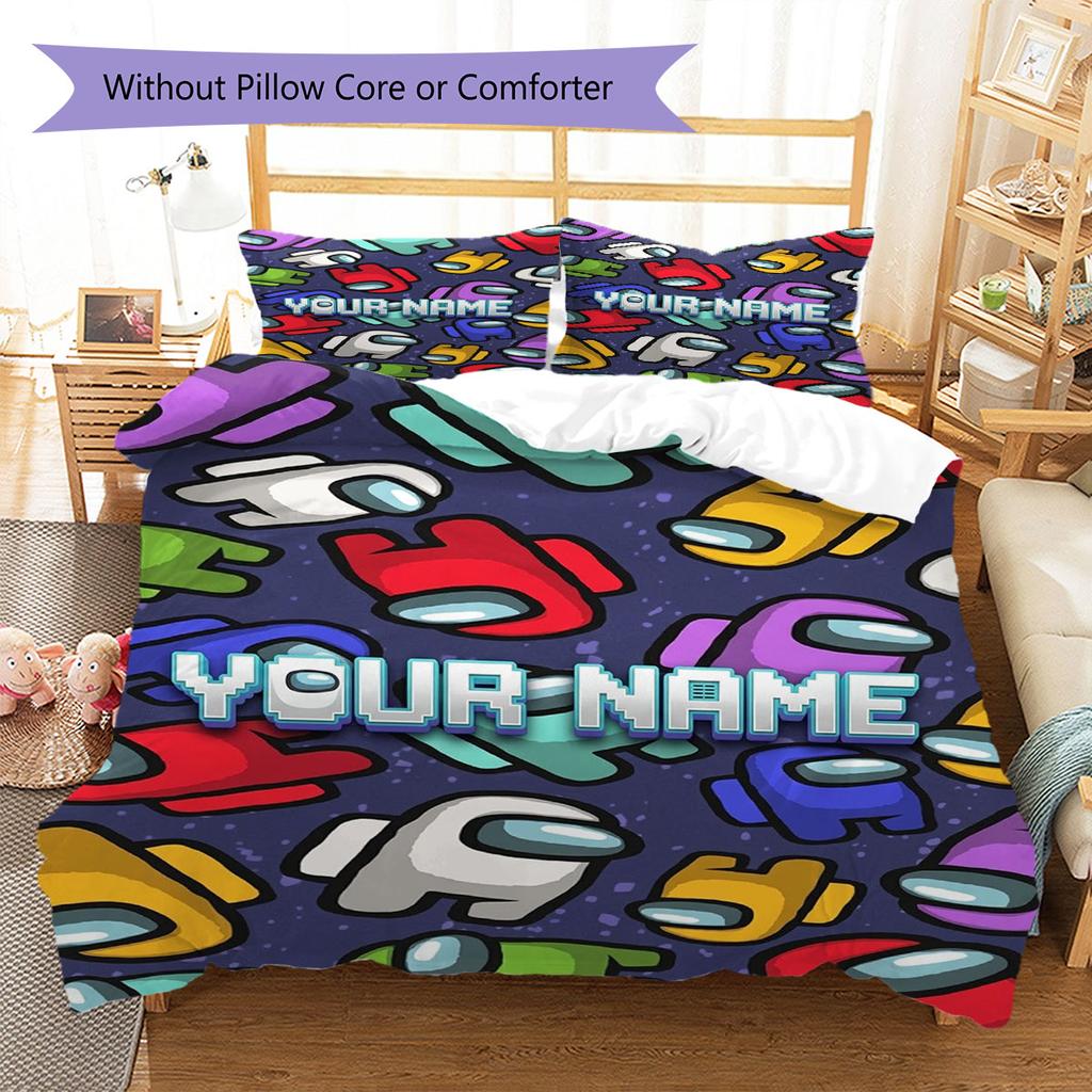 Among Us Custom Name Pattern Bedding,Quilt Set Quilt Cover Pillowcase Home Birthday Gift(1 * Duvet Cover + 2 * Pillowcase, Without Core)