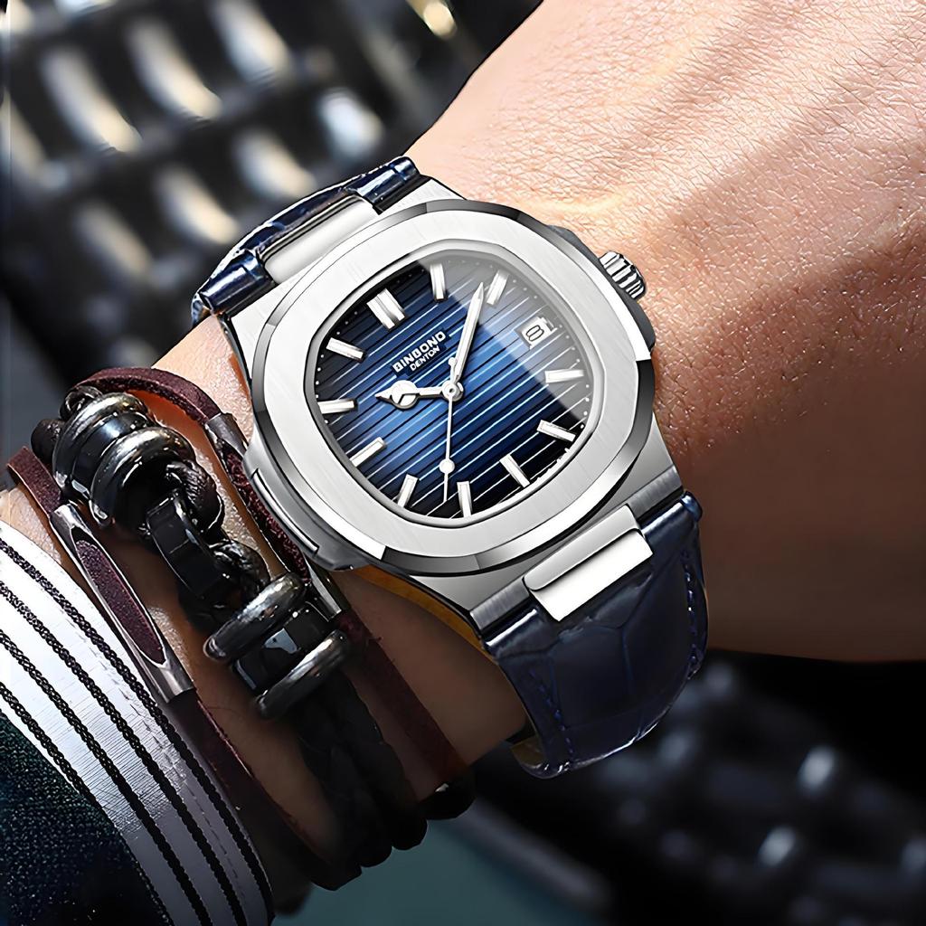 Men's Fashionable Waterproof Luminous Calendar Watch with Genuine Leather Strap