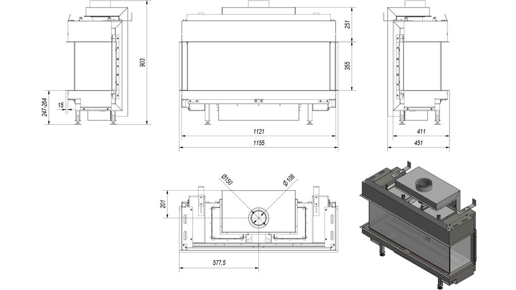 Plynový krb KRATKI LEO 100 trojsklo zemní plyn FI 100/150 8,3 kW