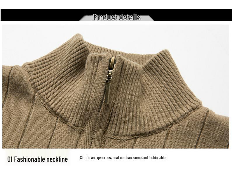 Men's European-American Half-Zip Solid Color Knit Sweater with Vertical Stripes