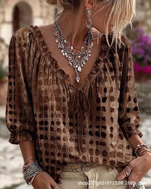 Summer V-neck T-shirt printed streamer loose casual fashion top seven-quarter sleeve summer short sleeve top