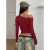 2026 Casual Diagonal Neck Long Sleeve Off The Shoulder Womens Blouse Spring Solid Color Crop Tops Streetwear T-shirt Slim Fit Short Shirt