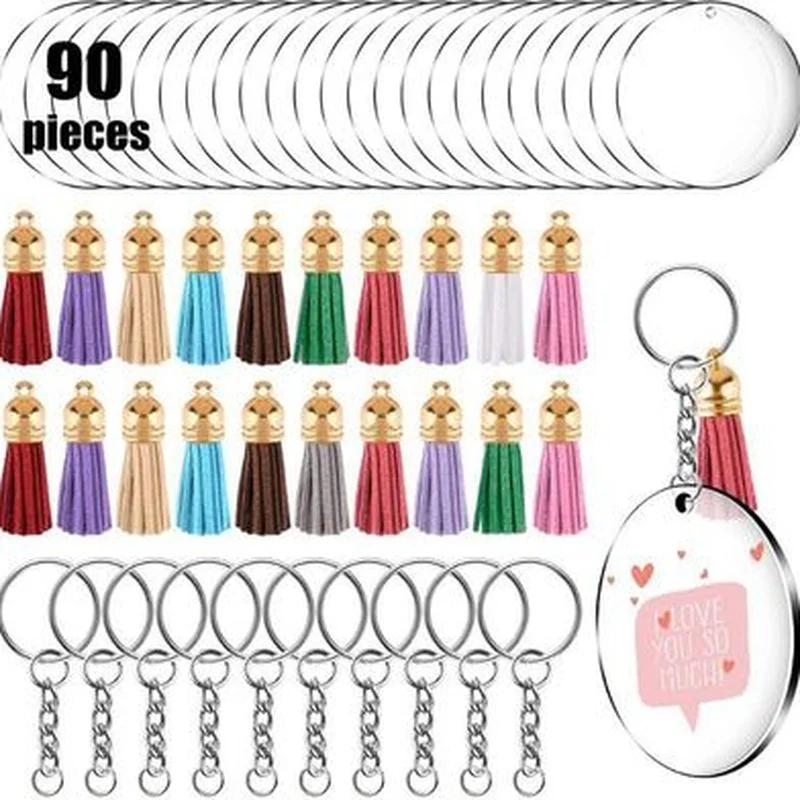 

90Pcs Acrylic Clear Circle Discs Keychain Set Round Acrylic Keychain Blanks DIY Craft Keychain Accessories Charms