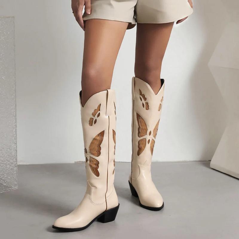 Fashion 2025 Brand New Big size 43 Red Butterfly Cowboy Boots for Women Black Vintage Slip On Cowgirls Knee High Boots Shoes