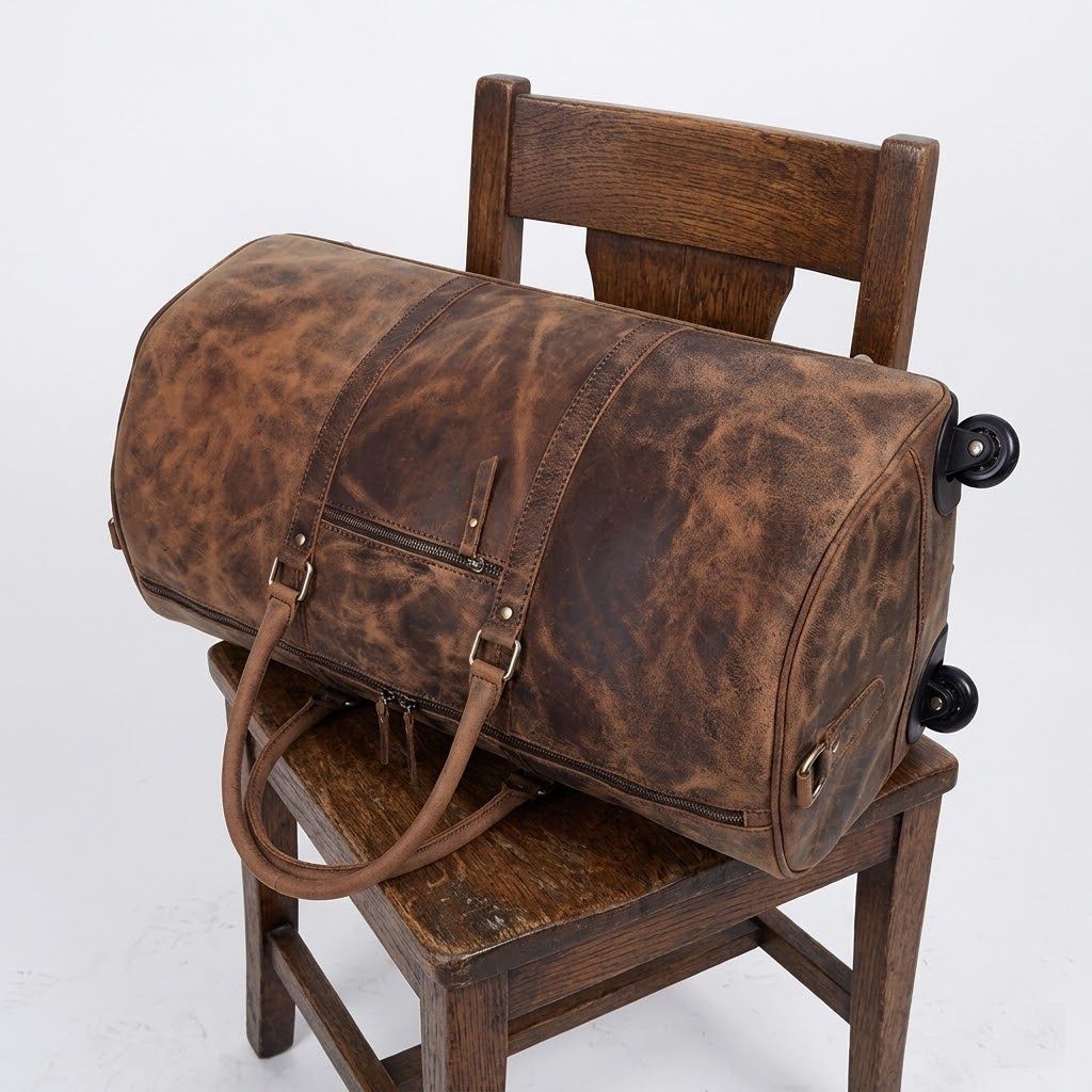 Handmade Leather Trolley Duffel Bag Mens Travel Duffel On Wheels Carry On Cabin Luggage Overnight Duffel Christmas Gift for Men and Women