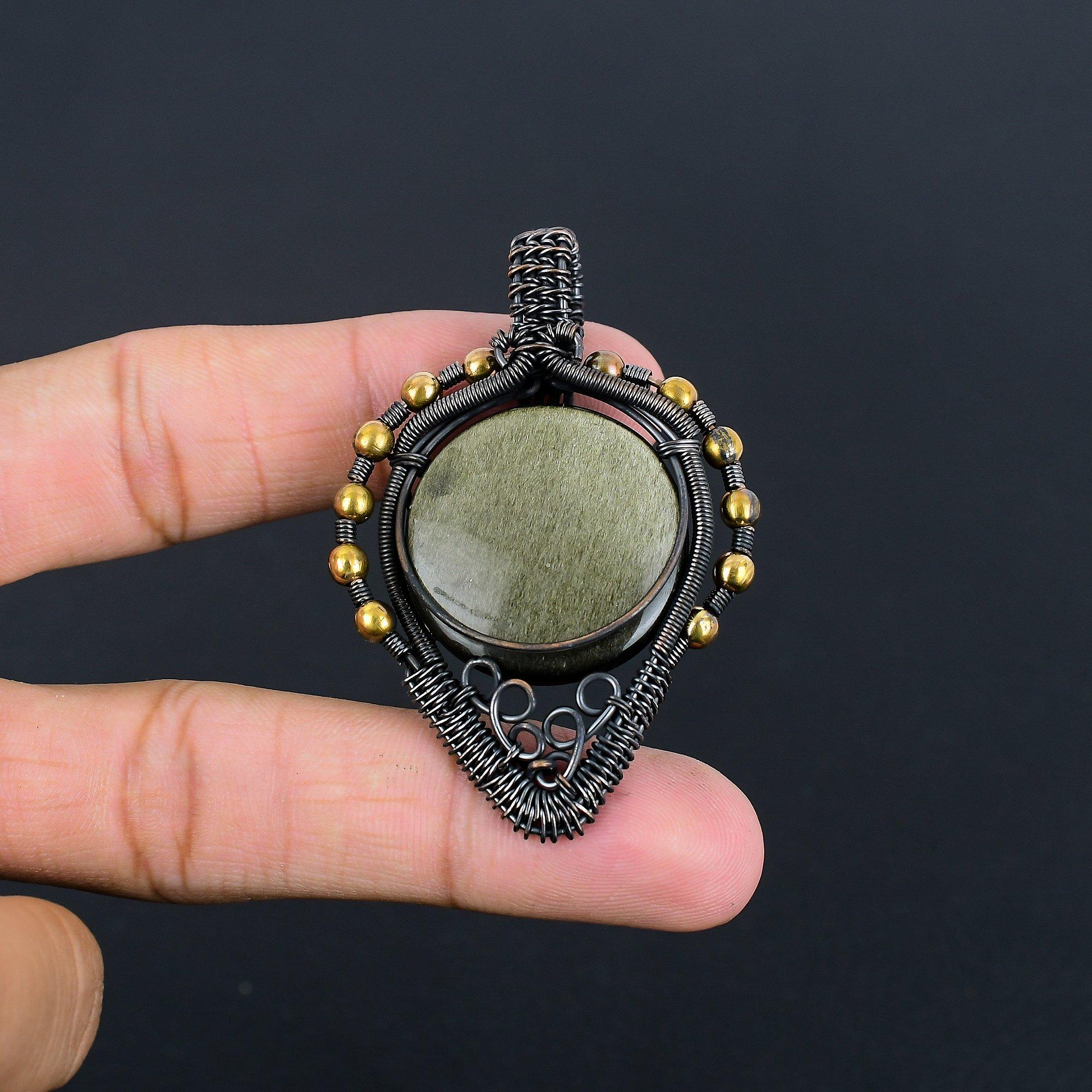 

Кулон из золотистого обсидиана, украшение, обернутое медной проволокой 999 пробы, кулон с драгоценным камнем, подарок для нее, изящное украшение ручной работы 2.28 Inches