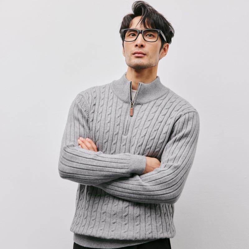 Half Zip Stand Collar Twisted Knit Sweater Men Casual Business Winter Outerwear