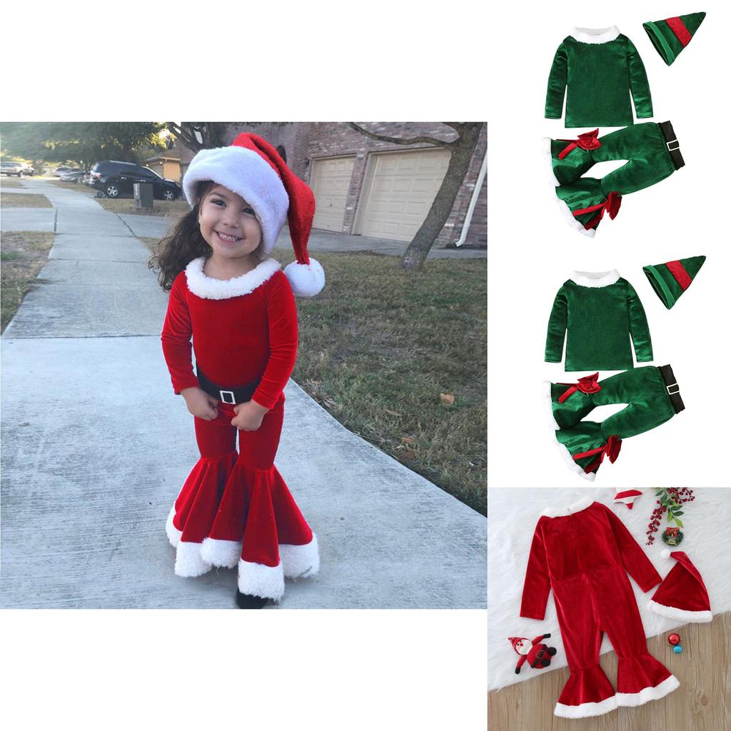 Festive Christmas Kids Girls Plush Flared Pants Suit With Santa Hat Tree Hat