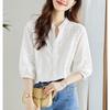 Women Summer V‑Neck Embroidered Hollow Out Blouse Loose Fit Pure Cotton 3/4 Sleeve White Shirt Top