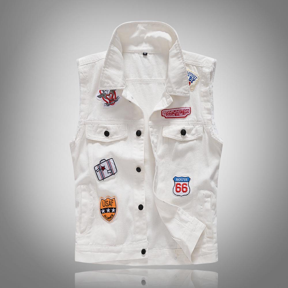 

Men s Plus Size Trendy White Denim Vest with Patches - Youthful and Stylish Sleeveless Jacket XL белый