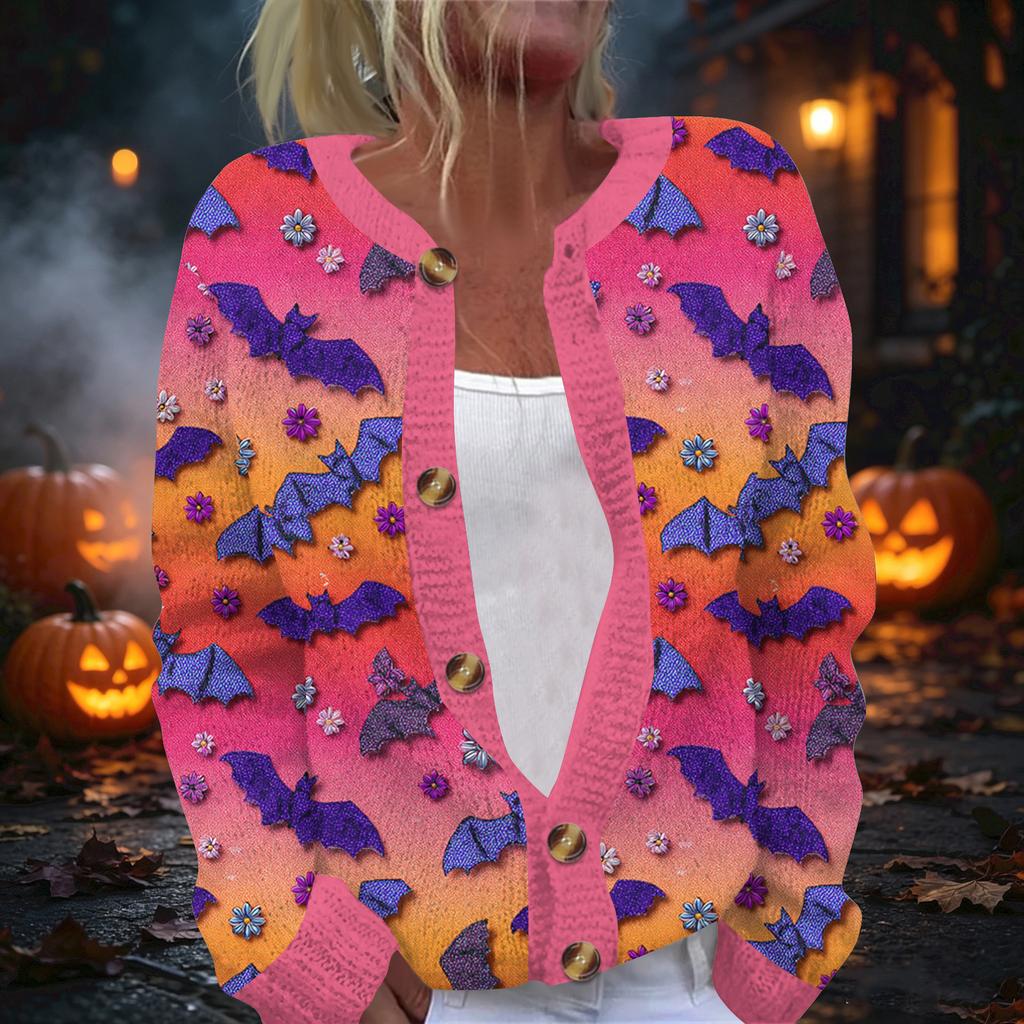 Women's Halloween Print Long Sleeve Knit Button Front Cardigan