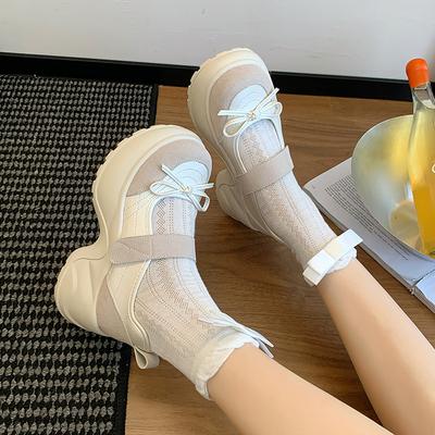2025 Autumn New Bow Shallow Mouth Casual Single Shoes Women's Round Head Velcro Thick Sole Small Mary Jane Shoes