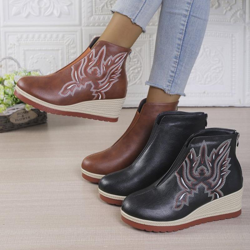 Embroidered Back Zip Wedge Single Shoes Autumn New Round Toe Platform Anti-Slip Wear-Resistant Short Shoes