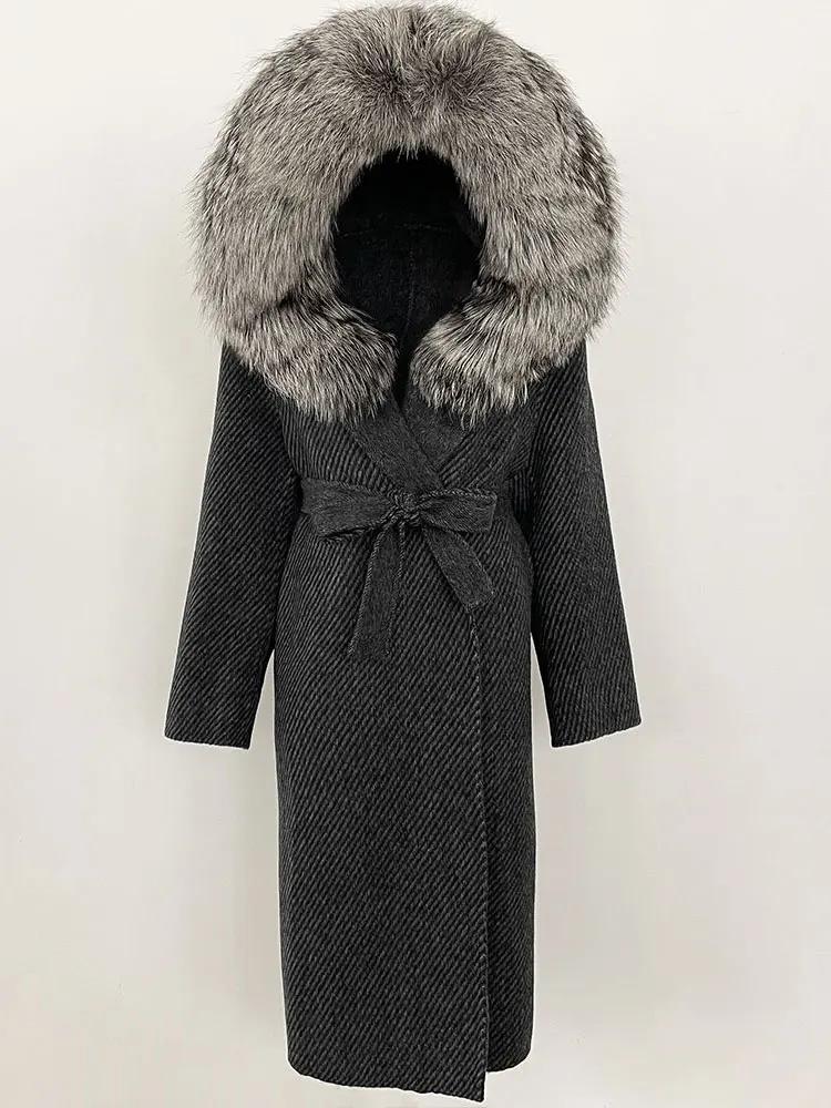 OFTBUY Winter Women Coat Real Natural Fox Fur Hooded Detachable Collar Double-faced Woolen Jacket Long Casual Elegant Overwears