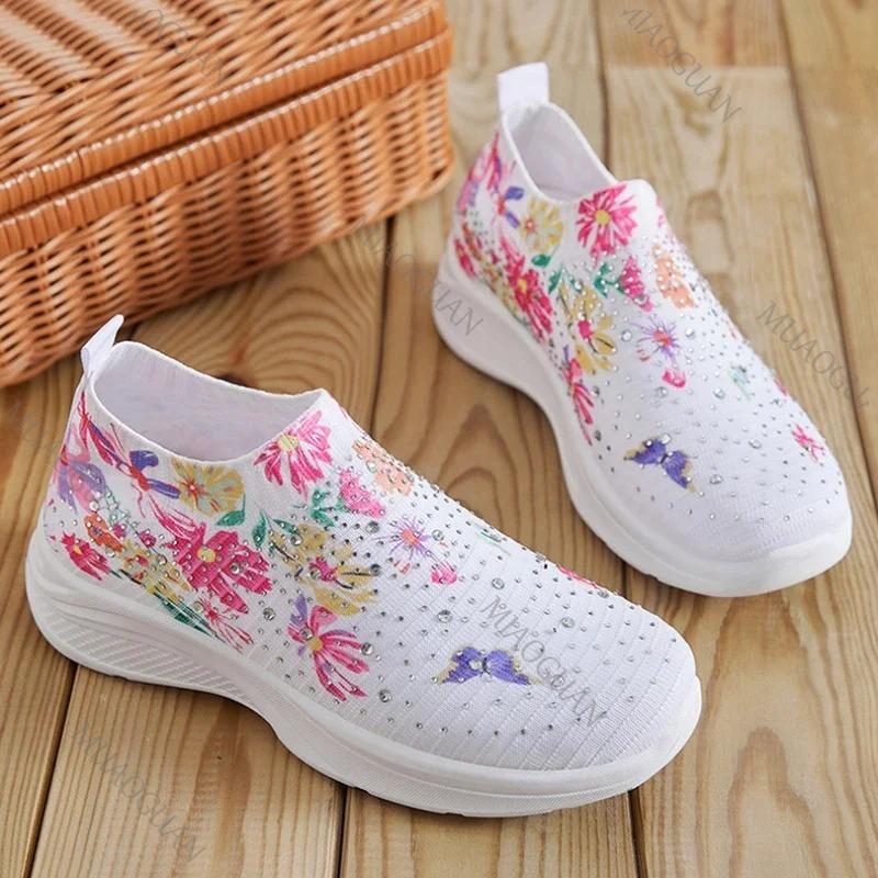Fashion Spring Autumn New Women's Fashion Vulcanize Shoes Water Diamond Casual Breathable Shoes Slip On Printed Women's Sports Shoes