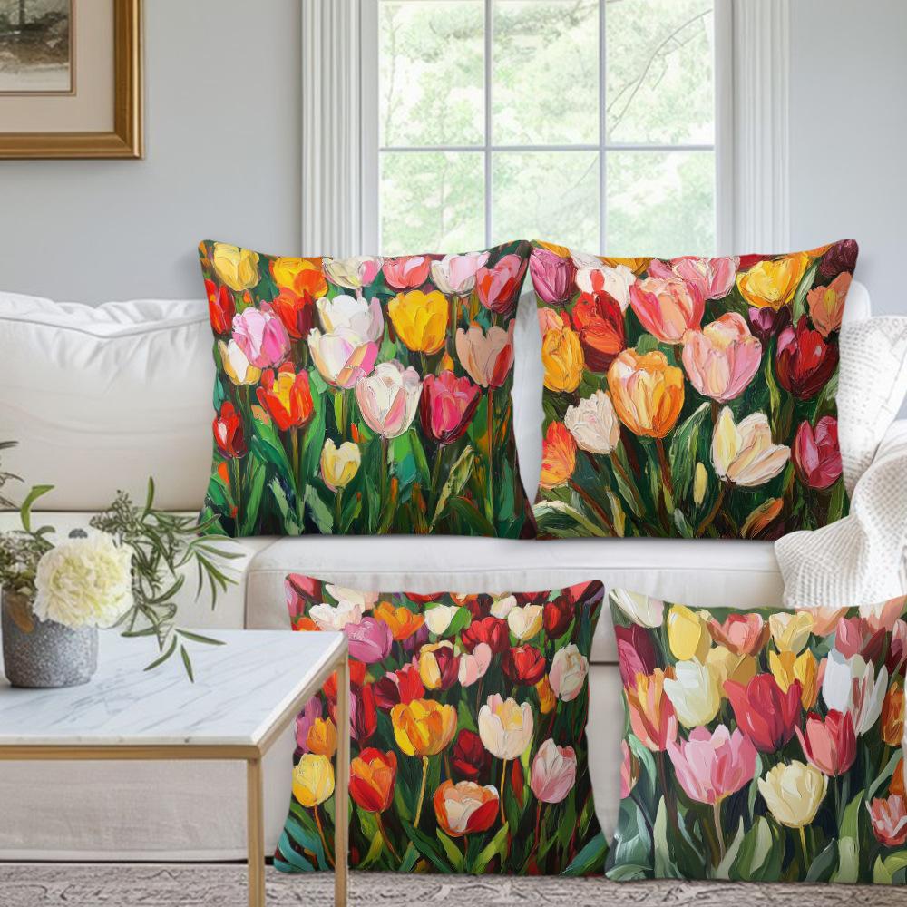 New Simple and Fashionable Tulip Flower Series Linen Single-sided Printed Pillow Case Sofa Decoration