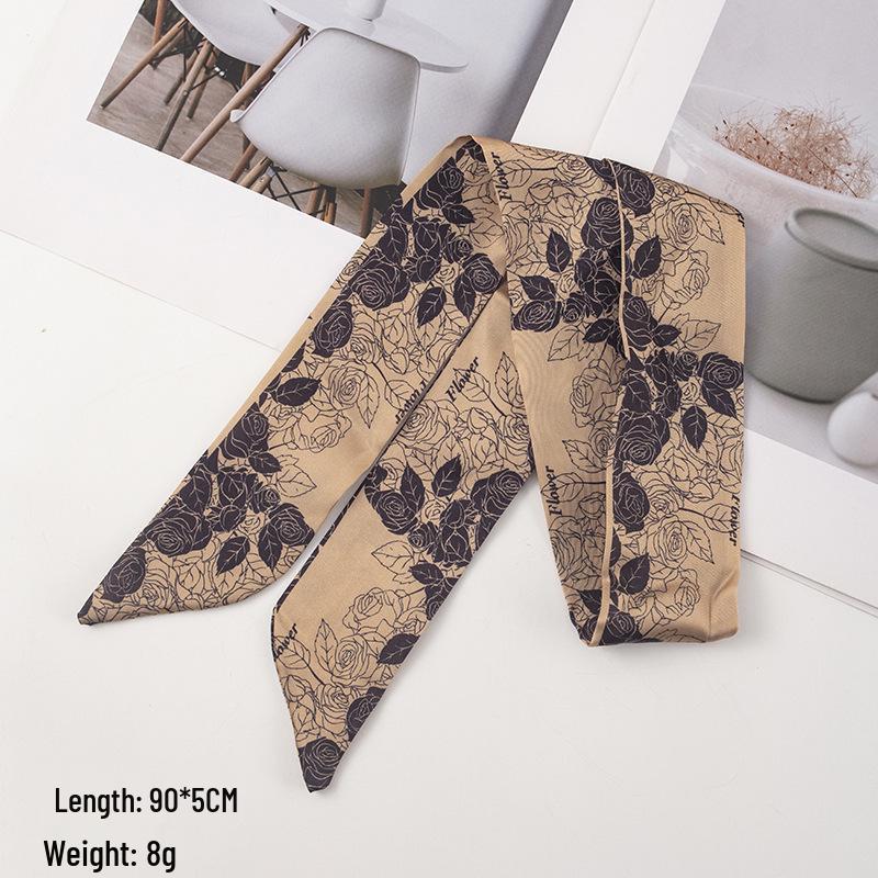 Brown Camellia Retro French Silk Scarf Headband Streamer Hair Tie