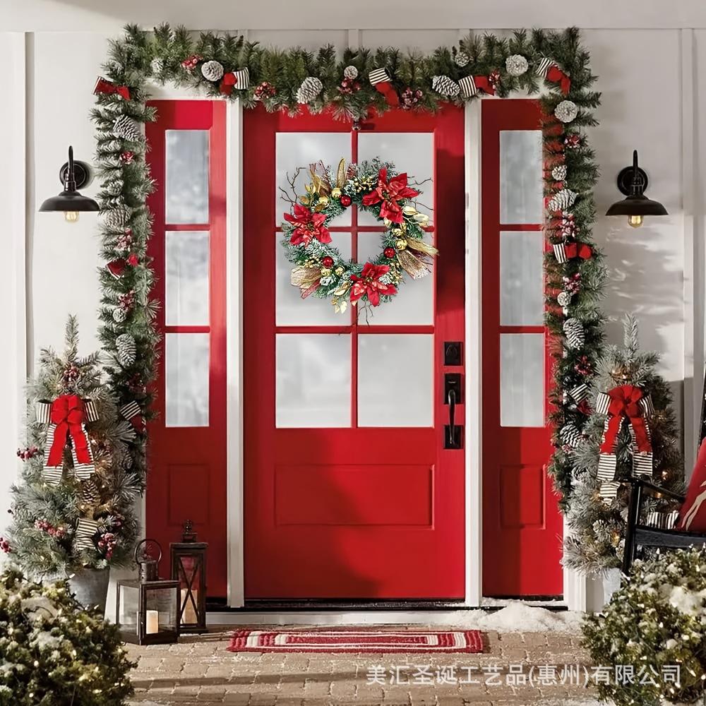 40CM Red Wreath Christmas Wreath For Fornt Door Gold Red Flowers Wreath Door Window Hanging Outdoor Indoor Christmas Decoration