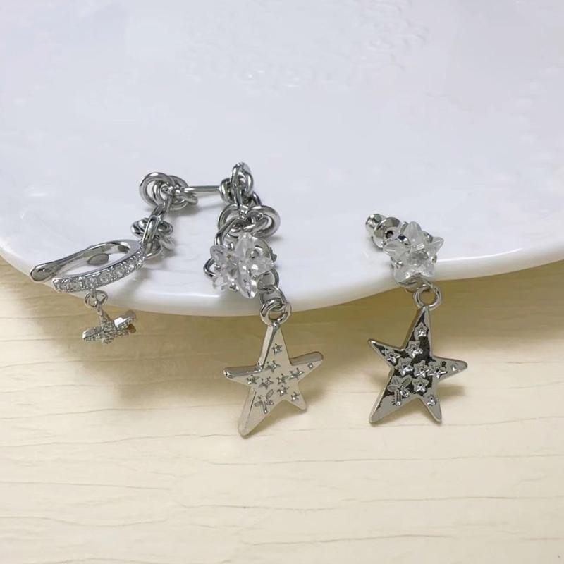 Fashion Sliver Asymmetric Star Chain Integrated Tassels Earring for Women 2023 Trend Crystal Drop Earring Y2K Jewelry