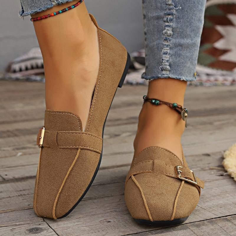 Fashion Square Toe Flat Single Shoes Women's New Suede Metal Buckle Soft Sole Anti-slip Wear-resistant Low-top Shoes