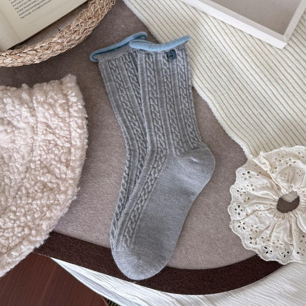 Warm Fleece Wool Twist Socks Contrast Color Rolled Edge And Versatile Thickened Warm Pile Socks