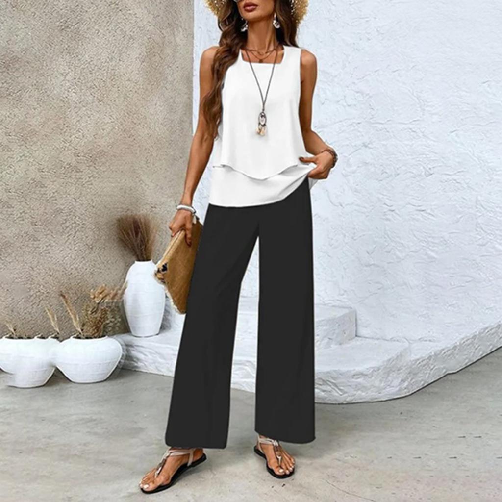 Zweiteiliges Sommer-Set für Damen, lockeres, ärmelloses, doppellagiges Westentop, lässige Hosen, Urlaubsset