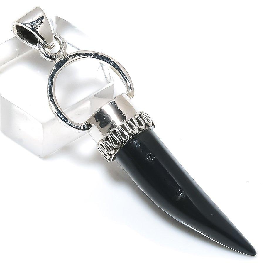 Natural Black Onyx Gemstone 925 Solid Sterling Silver Jewelry Pendant 2.25" E2B18