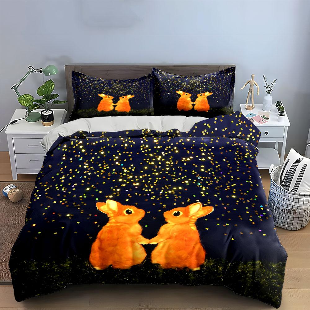 Rabbit Starry Night Decor Set Soft Comfortable Duvet Cover Bedding Set Included 1*Duvet Cover & 2*Pillowcases, Gift