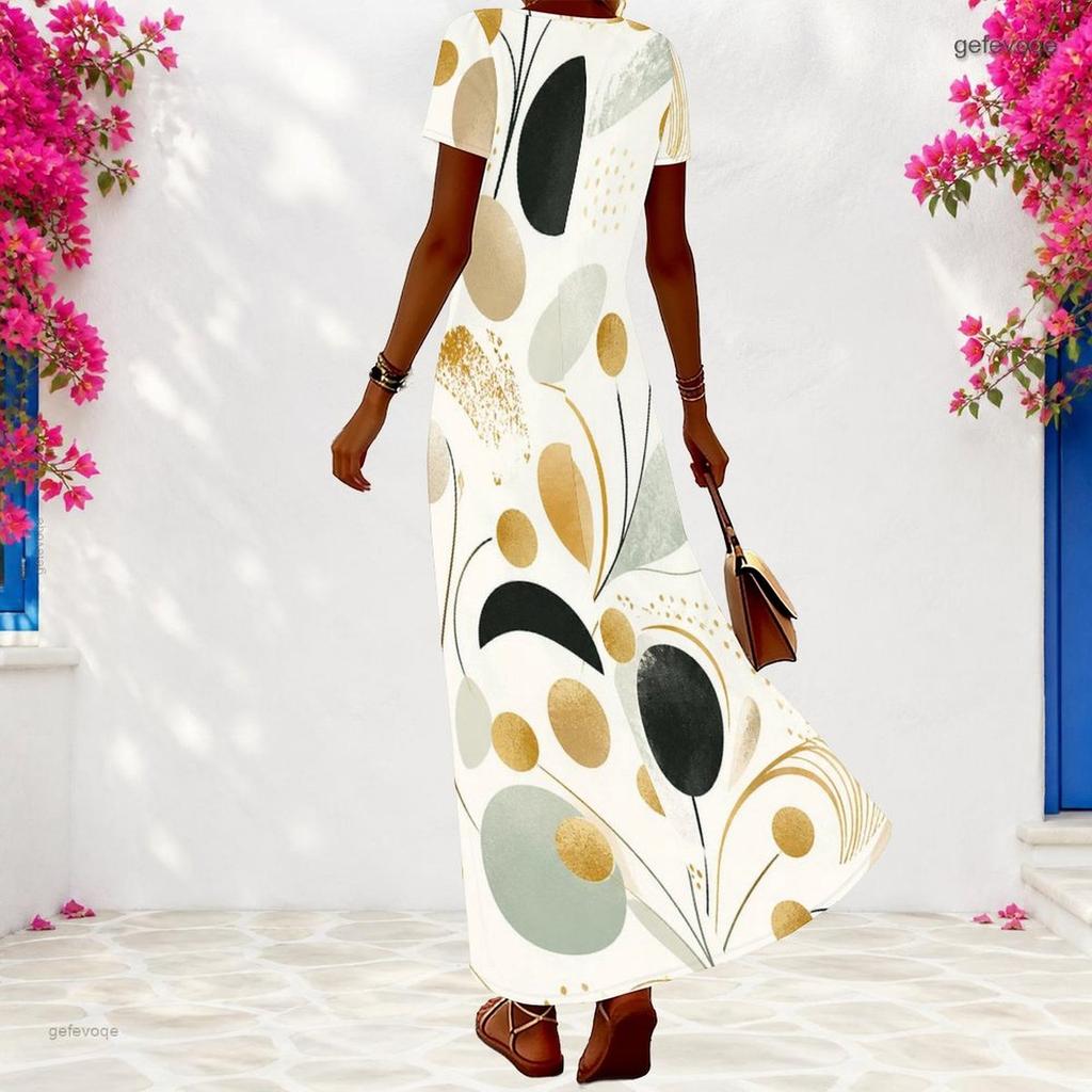 Women Plus Size V Neck Short Sleeve Black Floral Print Long Dress