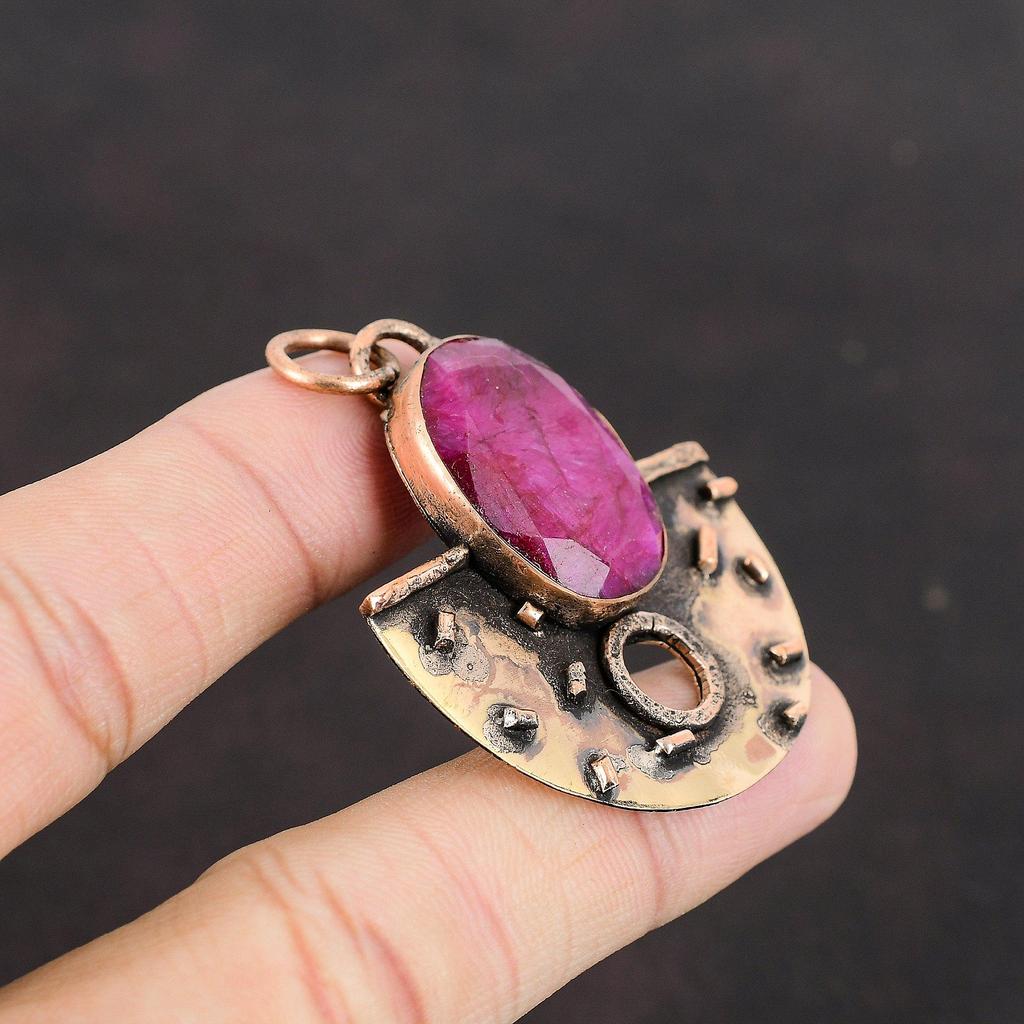 Faceted Kashmir Ruby Pendant Copper Pendant Gemstone Jewelry Statement Pendant Handmade Jewelry Pendant For Women Copper Jewelry For Gifts