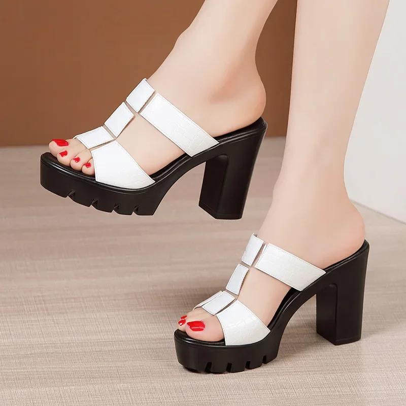 

10cm Small Size 32-43 Elegant Patent Leather Shoes Summer Slippers 2025 Block High Heels Slides Women for Office Model Mom 43 білий