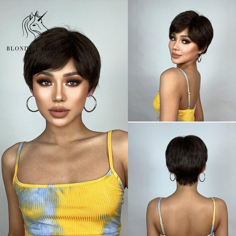 BLONDE UNICORN Blcak Wig Short Bob Wig Synthetic Natural Pixie Cut Hair Wigs Daily Party Use For Women Heat Resistant Fiber
