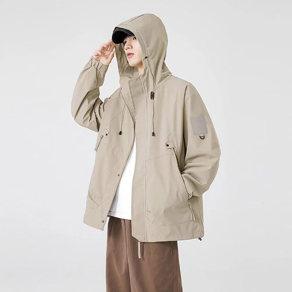 Men's Spring Cargo Jacket Hooded Large Capacity Pockets Outdoor Windproof Camping Hiking Fashion Outwear Loose Fit