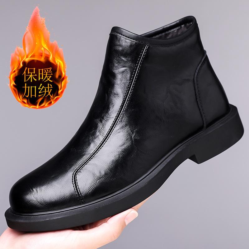 

Autumn and winter velvet warm snow boots men s zipper Martin boots versatile trend soft leather casual shoes men s leather boots 38