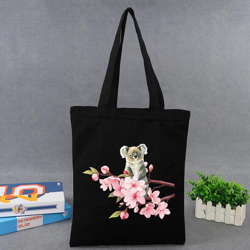 Cherry Blossoms Animal Koala Printed Shoulder Bag Student Large Capacity Canvas Eco-Friendly Bag